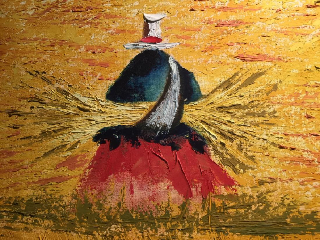 Signed Oil On Canvas, Figures in Hayfielfd: Faint illegible signature in lower right corner. Verso Of Canvas has full name Andres Gonzalez with date 2007. Painting is vibrant yellow in tone with Impasto palette knife painting details. Canvas is