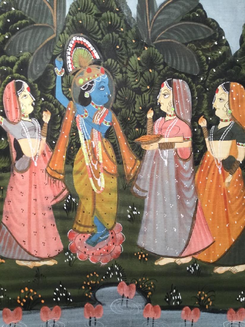 Vintage Hindu Painting On Textile: Possibly watercolor and gold tone detailing on linen textile. Artwork depicts 4 figures within lush landscape. Textile is set gold tone metal frame. Measures approx 20.25 inches in height by 15.25 inc