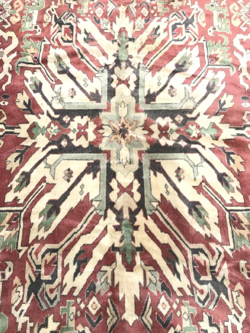 Handmade Multi Toned Wool Rug: Rug is wool & handmade. Contains tones of red, cream, green, & dark slate. Measures approx 140 inches long 105 inches wide. Contains stains, holes and fading, needs cleaning. Home decor, home accent, 
