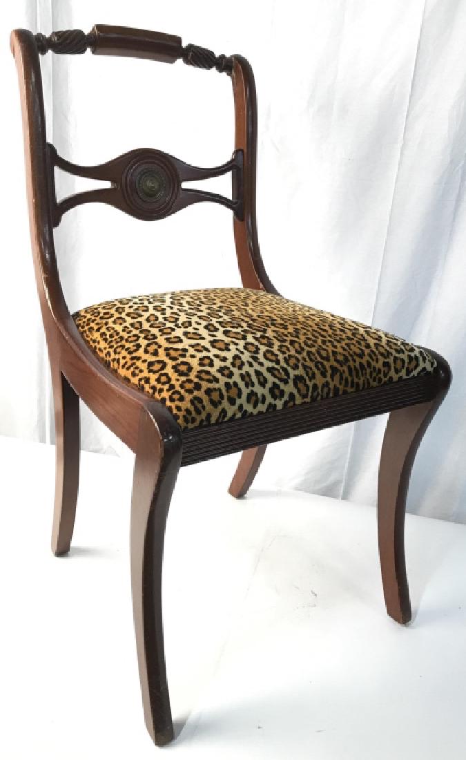 Leopard Velvet Upholstered Side Chair: Vintage Side Chair Possibly antique, newly Upholstered silk velvet Seat in Leopard Print. Visible repair to top of chair back, some surface wear to wood. Chair measures ht 33 inches, chair seat app 19