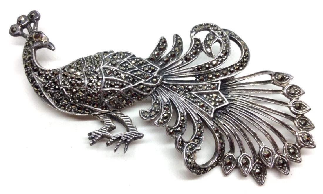 Sterling Silver W Marcasite Peacock Pin: Sterling silver brooch pin with marcasite details, marked in reverse as 925, some other illegible markings, measures app 3 in by 2 in. Women’s vintage estate jewelry, fashion accessories, wearable a