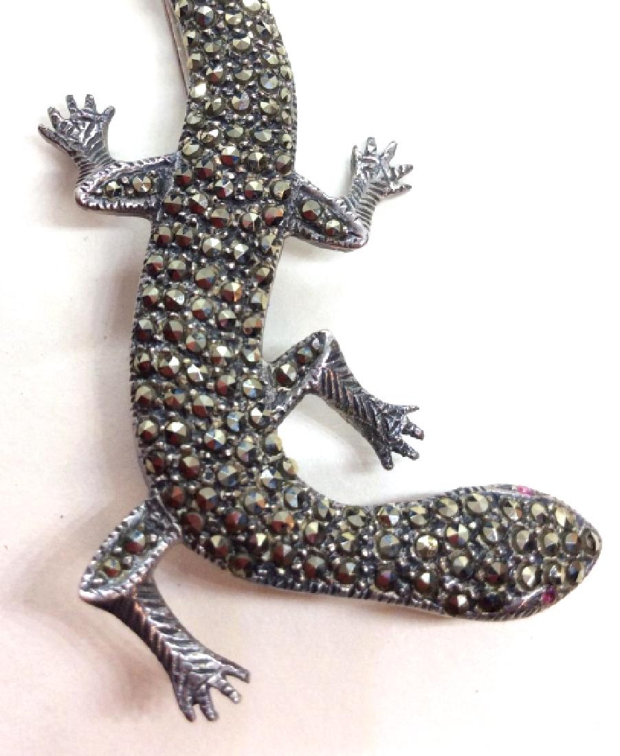 Sterling Silver W Marcasite lizard Pin: Sterling silver brooch pin with marcasite details, marked in reverse as 925, measures app 4 in by 2 in. Women’s vintage estate jewelry, fashion accessories, wearable accessories, statement pin. 4