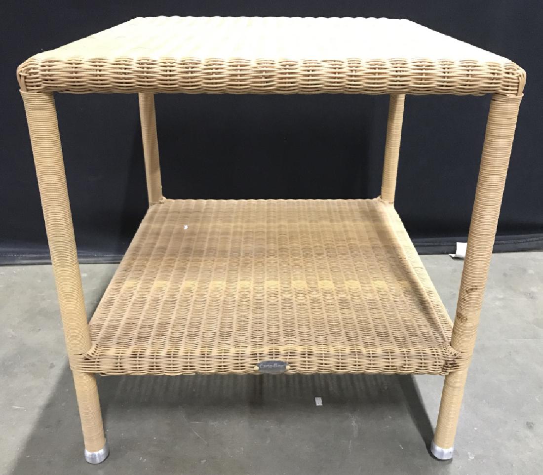 CANELINE Woven Side Table: Label reads CANE-LINE. Table has lower level. Contains dark tan tone. Measures approx 21 inches tall 20 inches square. end table, side table, lamp table, home furnishings, home accessory 6.