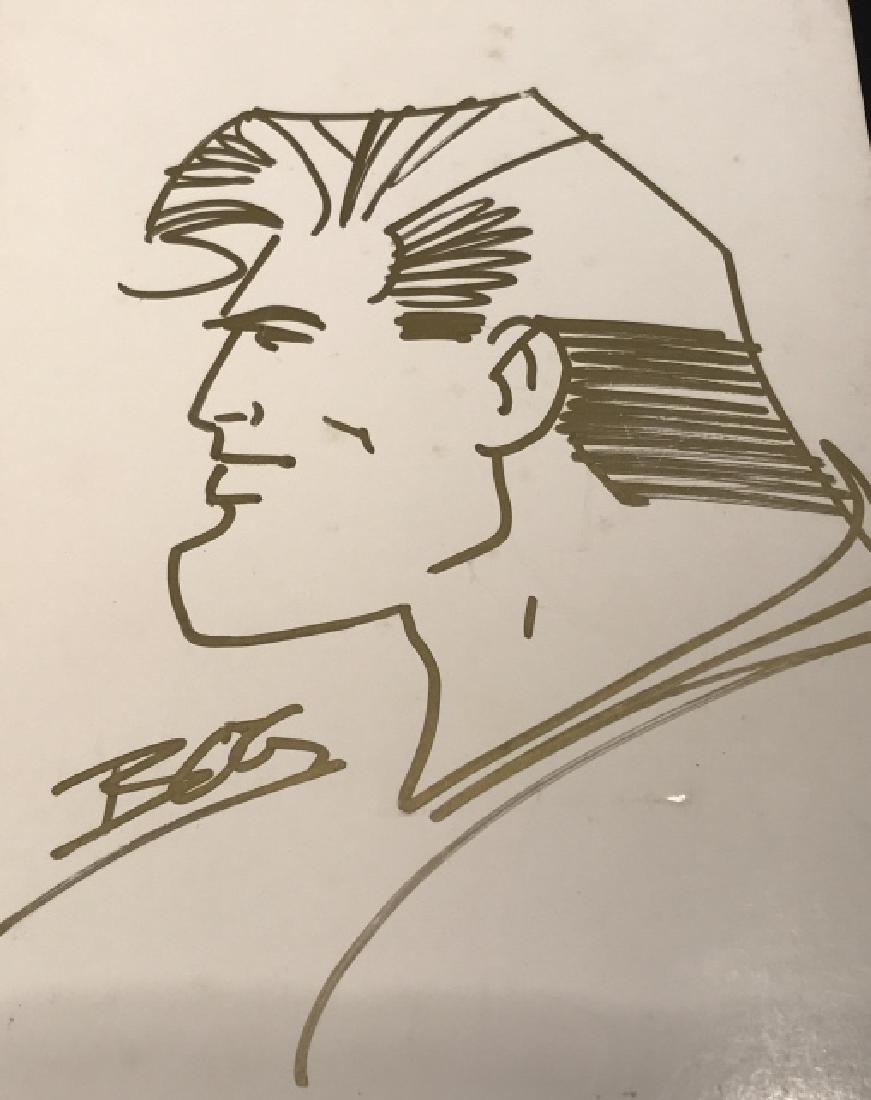 Pair Signed Bogdanove’s Superman Cartoon Drawings: Pair of signed original Superman cartoons by Jon Bogdanove. Signed ‘Bog’ in lower left corners. Artworks are in gold marker. One drawing has label for Artist signing date and time. Each piece meas
