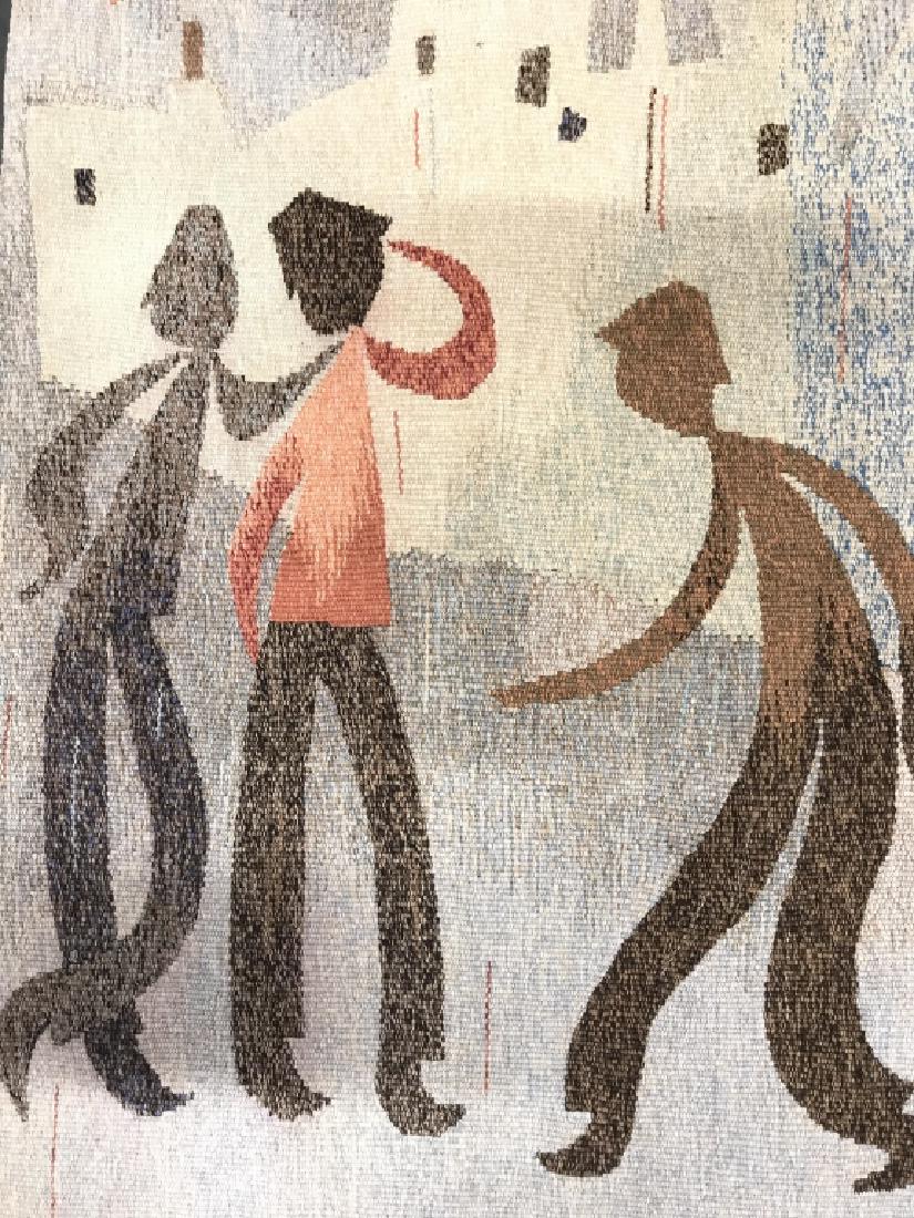 RV Signed Hand Woven Textile Artwork: Artwork has label illegible on back, woven initials on front, figurals in village, canvas backed, wall hanging, textile art, mid century art, folk art, home accent and accessories measures app 33 by 2
