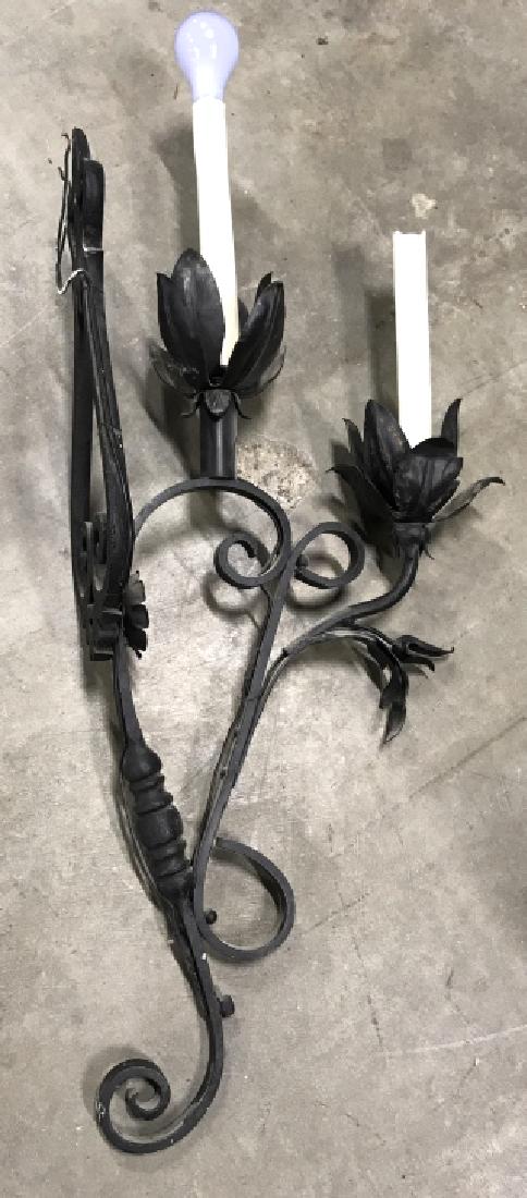 Pair Vintage Long Black Iron Wall Sconces: Vintage possibly antique pair sconces, Scroll work tulip forms S and C Scrolls, gothic style, Spanish colonial style hand forged dramatic wall sconces, each with double lights, each hand forged, each 