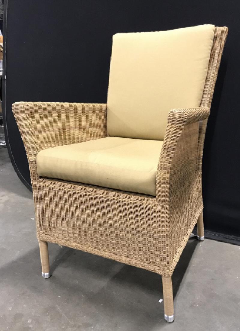 Vintage Rattan Wicker Woven Arm Chair, Cane-Line: Label says cane line, Upholstered seat and back are removable cushions, chrome capped legs, measures ht app 37 inches width 24 inches depth app 24 inches, arm chair, club chair, occasional chair