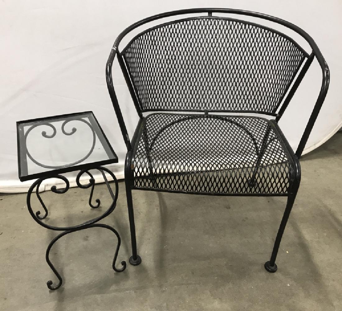 Set 2 Wrought Iron Garden Chair & Side Table: Set 2 Vintage Wrought Iron Barrel Back Garden Chair And Glass Topped Side Table, With Black Toned Painted Finish, some chips to paint and minor rust spots, Chair measures approximately 31 inches tall 