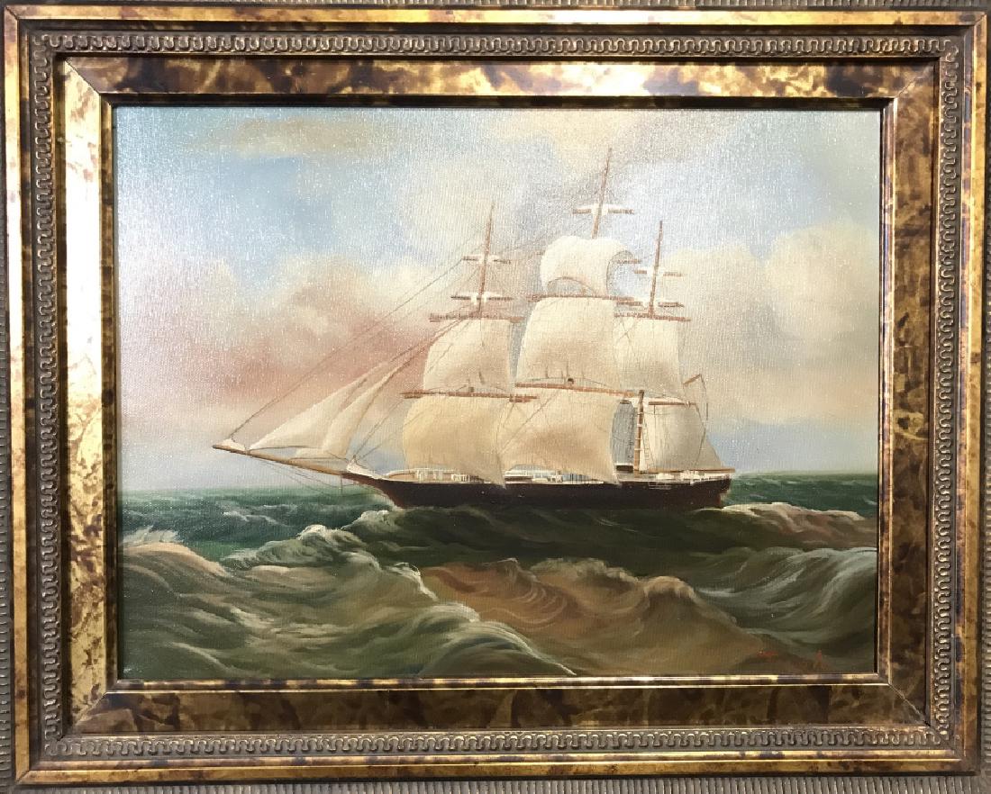 Signed T COLE Oil On Canvas Ship At Sea: Signed and framed Oil On Canvas Of A Ship At Sea, Signed in lower right by artists hand T Cole, Possibly Thomas Cole, Thomas Cole was an English-born American painter known for his landscape and histo