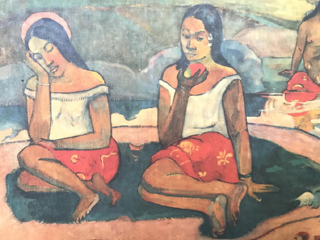 PAUL GAUGUIN AVE NAVE MOE Print: Lower left corner reads AVE NAVE MOE. Depicts 2 seated female figures and, 1 Nude female figure and 1 standing female figure. Piece is professionally framed with brown toned wooden frame. Measures app