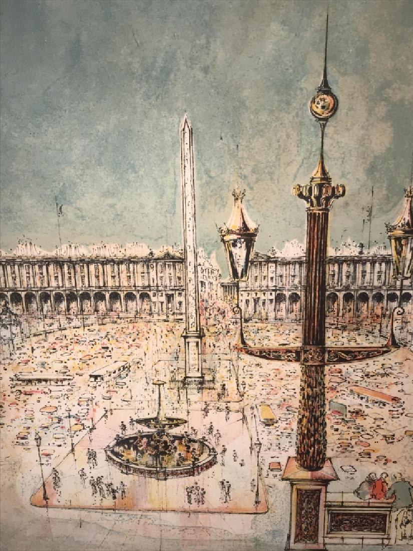 Mid-Century Signed & Numbered Lithograph of France: Signed illegibly in pencil in lower right corner, numbered 93 / 260 in lower left corner. Lithograph depicts Luxor Obelisk in the Place de la Concorde in Paris, France. Artwork is matted and set behin