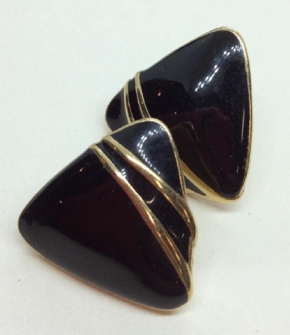TRIFARI Enamel Earrings: Black toned enamel on gold toned metal, triangular design, pierced earrings, marked TRIFARI on reverse. Measures approx 1 in. Women’s vintage costume estate jewelry, fashion accessories, wearable ac