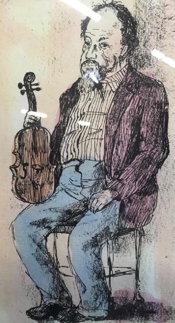WEISS Signed Lithograph Of Man With Violin: Lower right corner of piece is Signed WEISS. Lower right corner is Editioned 18/250. Depicts a male figure holding a violin, Piece is professionally framed with silver & gold toned frame. 19.5 inches 