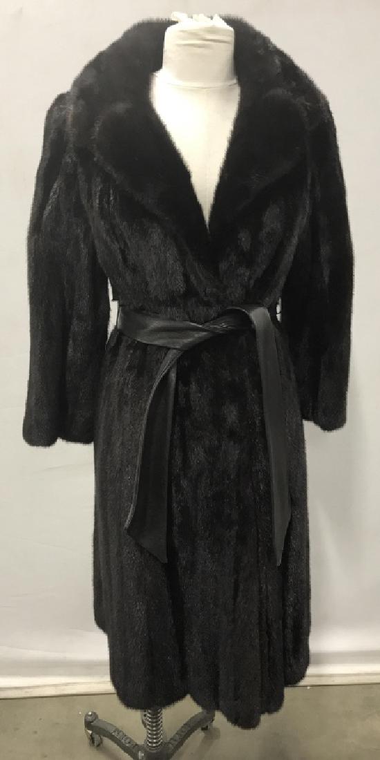 Greenwich Furs Luxury Mink Coat W Leather Belt: Greenwich Furs Vintage Brown Black Mink Overcoat, Fur Coat, Full Length Fur Coat. Label reads for Greenwich Furs. Approx 41 inches in drop from collar to bottom hem, 21 inches in sleeve, 16.5 inches i