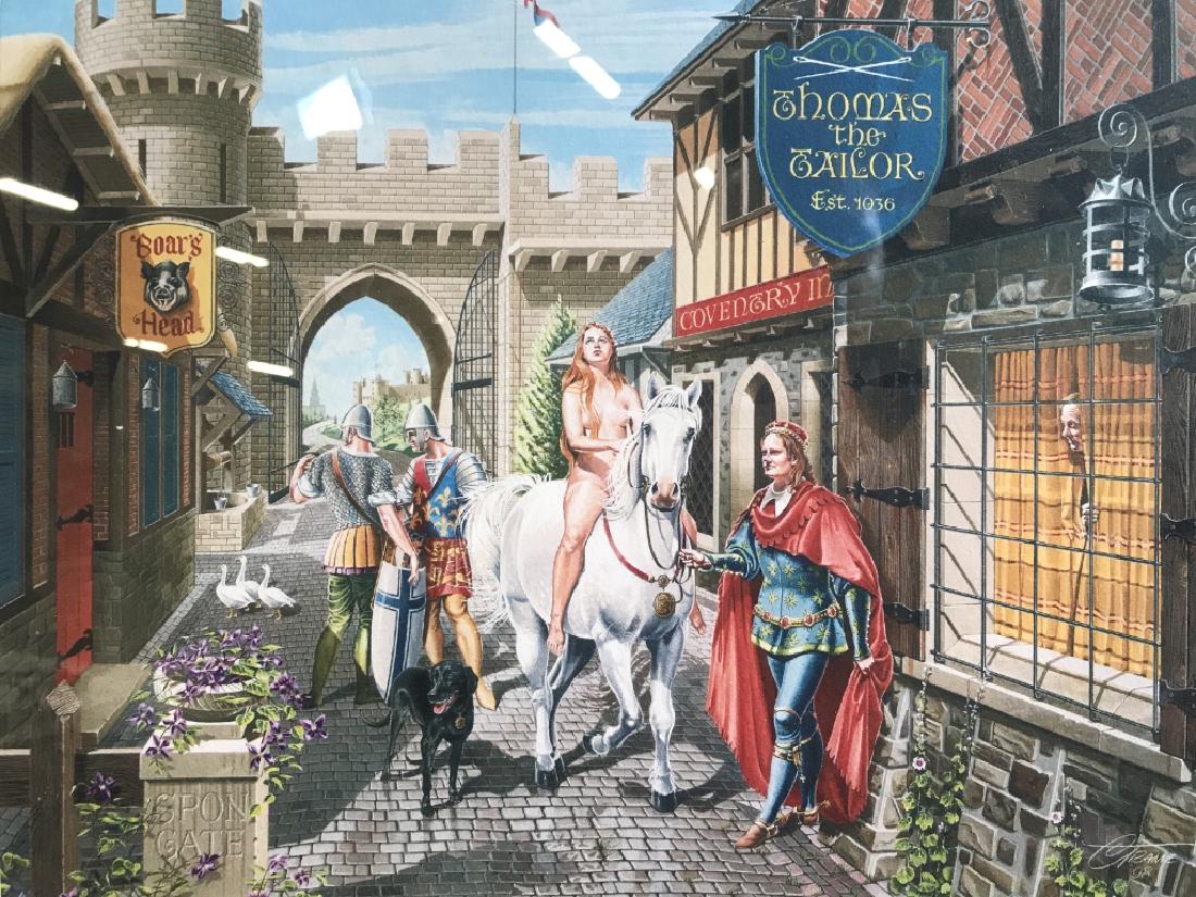 Print Of Female Nude Riding A Horse: Print depicts a female nude figure riding a horse in a village. Measures approx 21 inches long 17 inches tall. Home accent, home decor, framed art print, portrait, medieval inspired art print 6