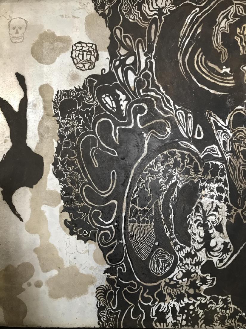 Etched Artwork On Metal: Artwork is black and silver toned. Measures approx 18 inches tall 15 inches wide. Contains various shapes in relief. appears to have originally used as a printing block for etchings, can be used as de