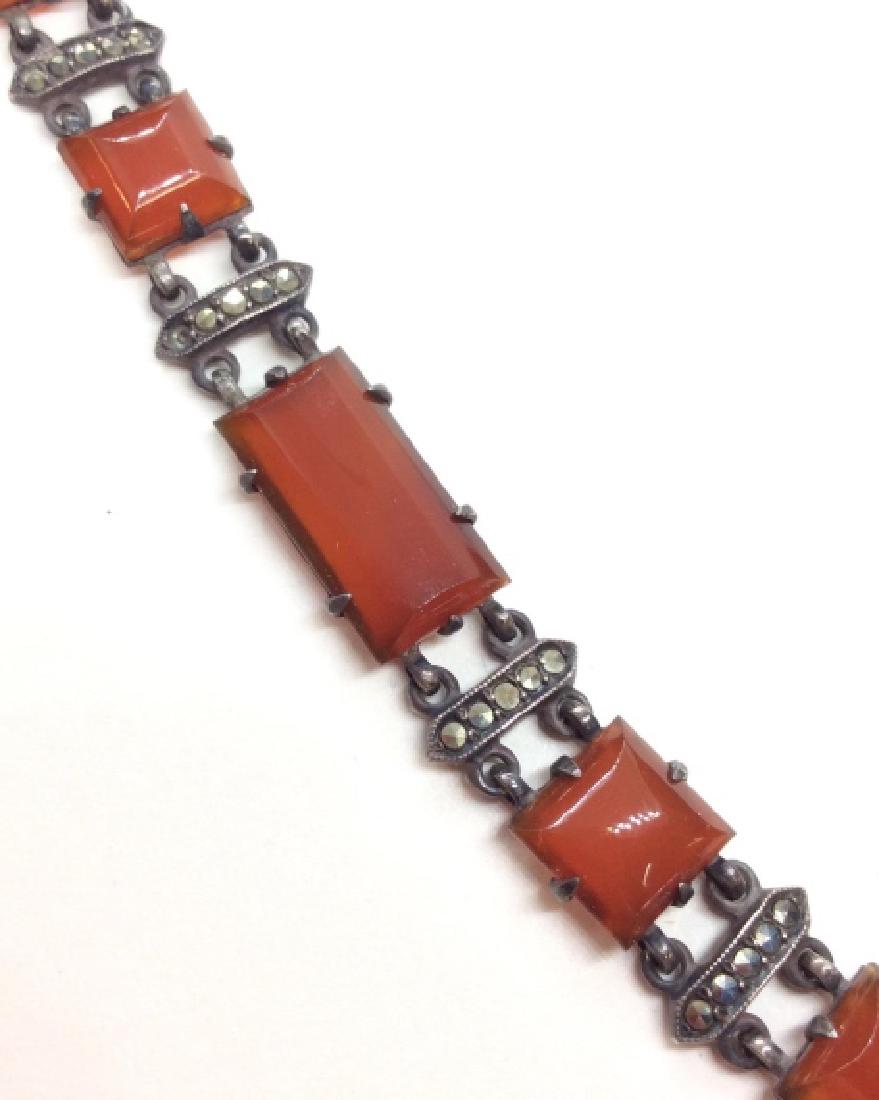 WACHENHEIMER BROS Art Deco Sterling Bracelet: Vintage WACHENHEIMER BROS. Art Deco Sterling Carnelian Marcasite Bracelet. Dark toned sterling silver flexible bracelet with carnelian accents, Measures approx 8 in from end to end. Women’s vintage 