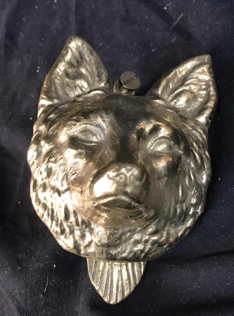 Gold Toned Brass Fox Head Door Knocker: Door knocker is gold toned and brass. Depicts a fox Head Figural. Measures approximately 5.5 inches tall, 4 inches wide. Home accent, home decor, collectible, animal statuary 6.