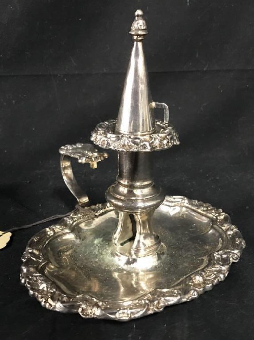 OLD SHEFFIELD Plate Antique Chamberstick & Snuffer: English 19th century Old Sheffield silver Plate pushup chamberstick with a cone-shaped snuffer, circa 1850. Floral swag Detailed ridged edges. Interior compartment for match storage. Side handle for c