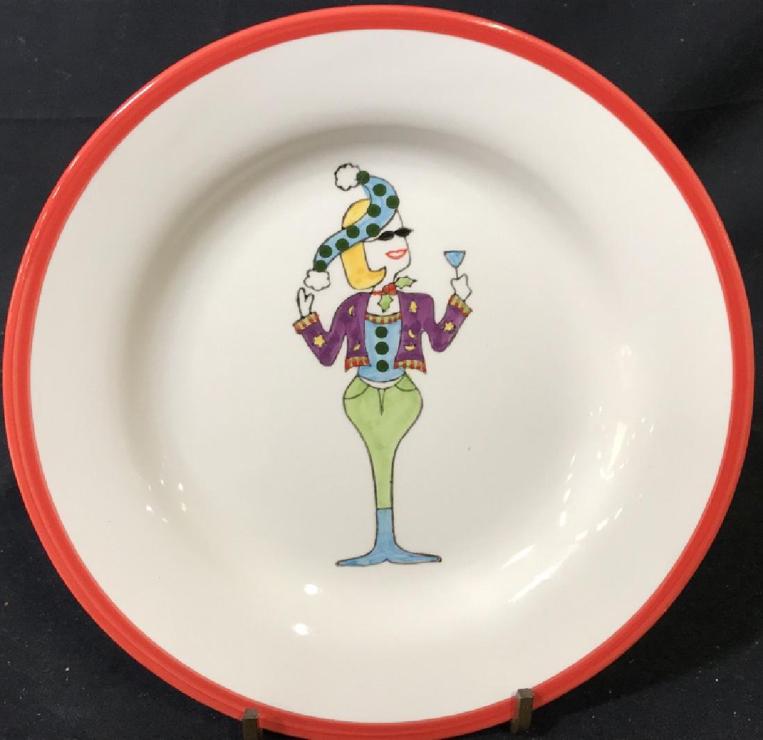 Set 4 Ceramic Plates W Cartoon Illustrations: Set 4 ceramic plates with cartoon fashion illustrations of women in various winter / holiday related outfits with drinks. Undersides are marked for Casual Living USA 2004. Each measures approx 8 inche