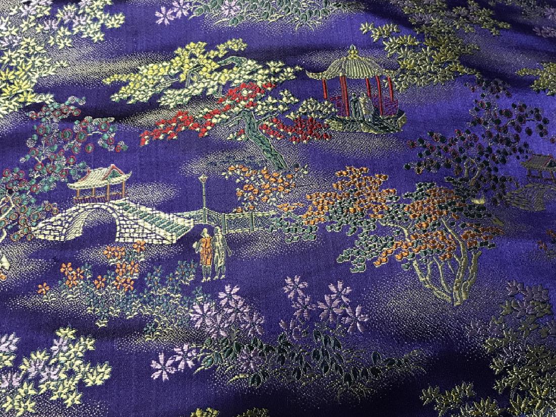25 Yards of Colorful Suzhou Brocade Silk: Multi-colored Suzhou (Soochow) brocade silk purchased from Cherry Silk Co. in Shanghai, China. Fabric has tag from Cherry Silk Co. One side of fabric has multi colored stripes like oranges, reds, yell
