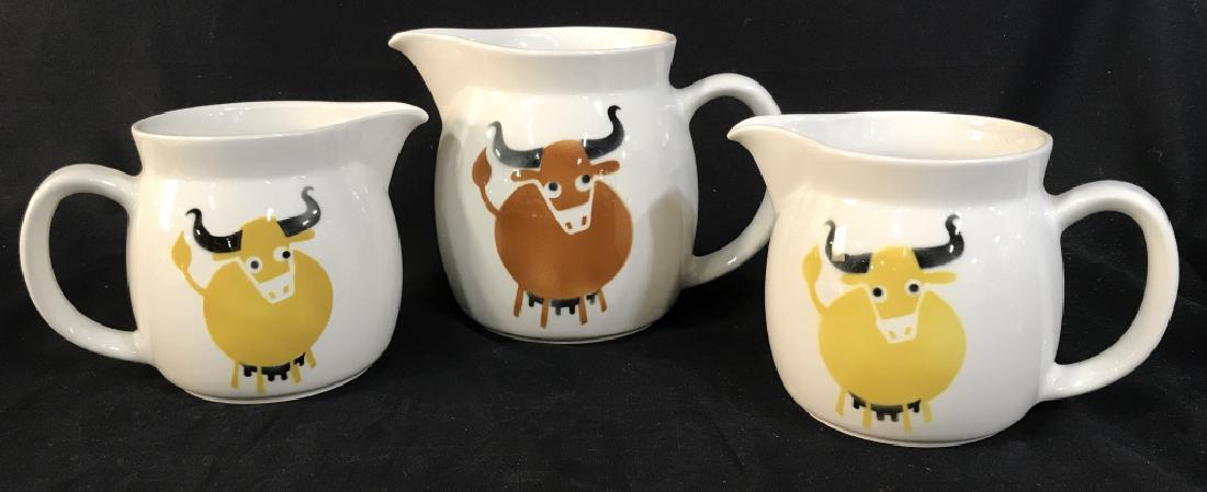 Set 3 Arabia Wartsila Finland Bull Pitchers: Set 3 Arabia Wartsila Finland Ceramic Bull Pitchers. Arabia of Finland Milk Pitcher Bull Pitcher Heluna Pitcher Wartsila Finland Pitcher, Mid Century Modern Danish Modern Milk Carafe, two smaller pitc