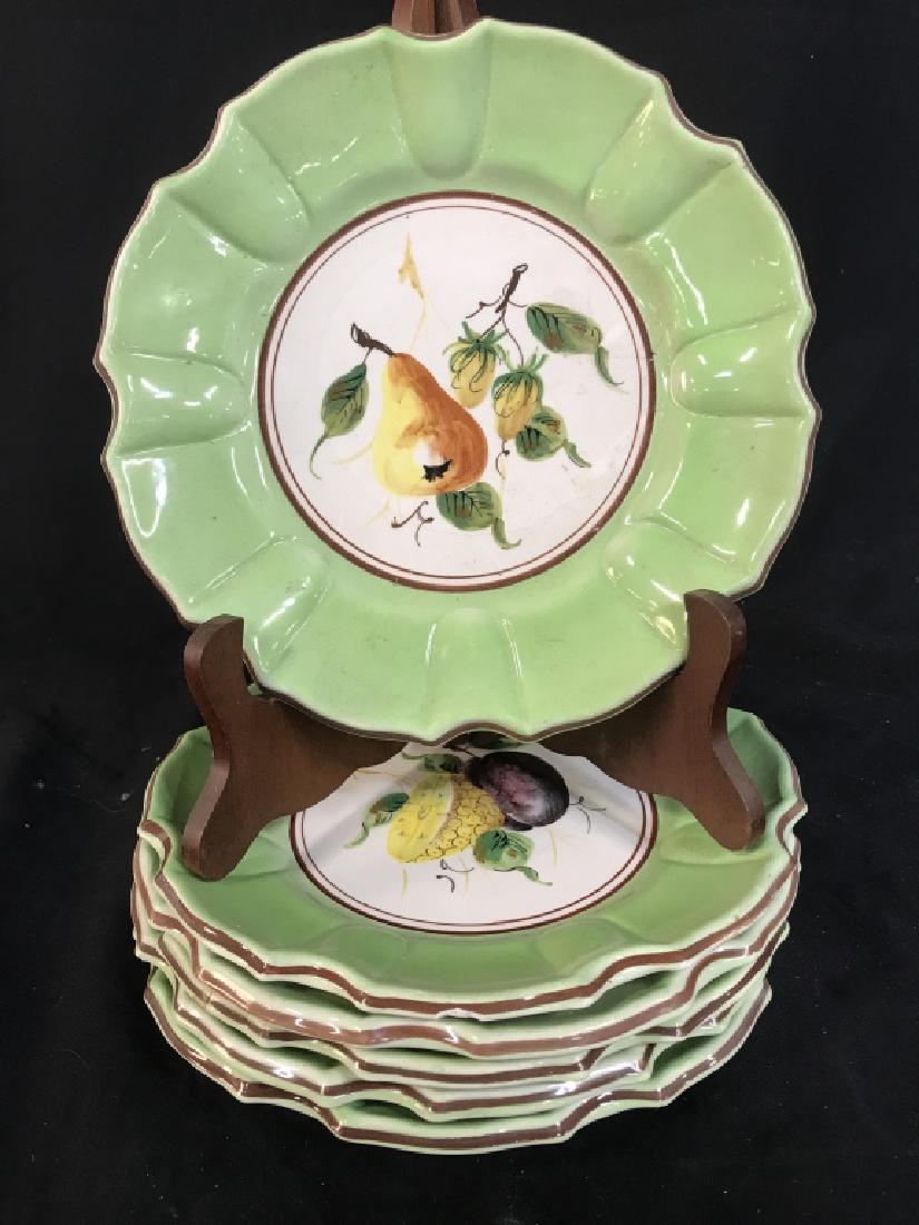 Set 6 hand Painted Fruit Plates, Italy: Wide lime green borders, scalloped edges, each with different hand painted fruit center, marked for Italy, numbered and trademarked, porcelain ceramic tableware, Italian pottery tableware, Set dessert