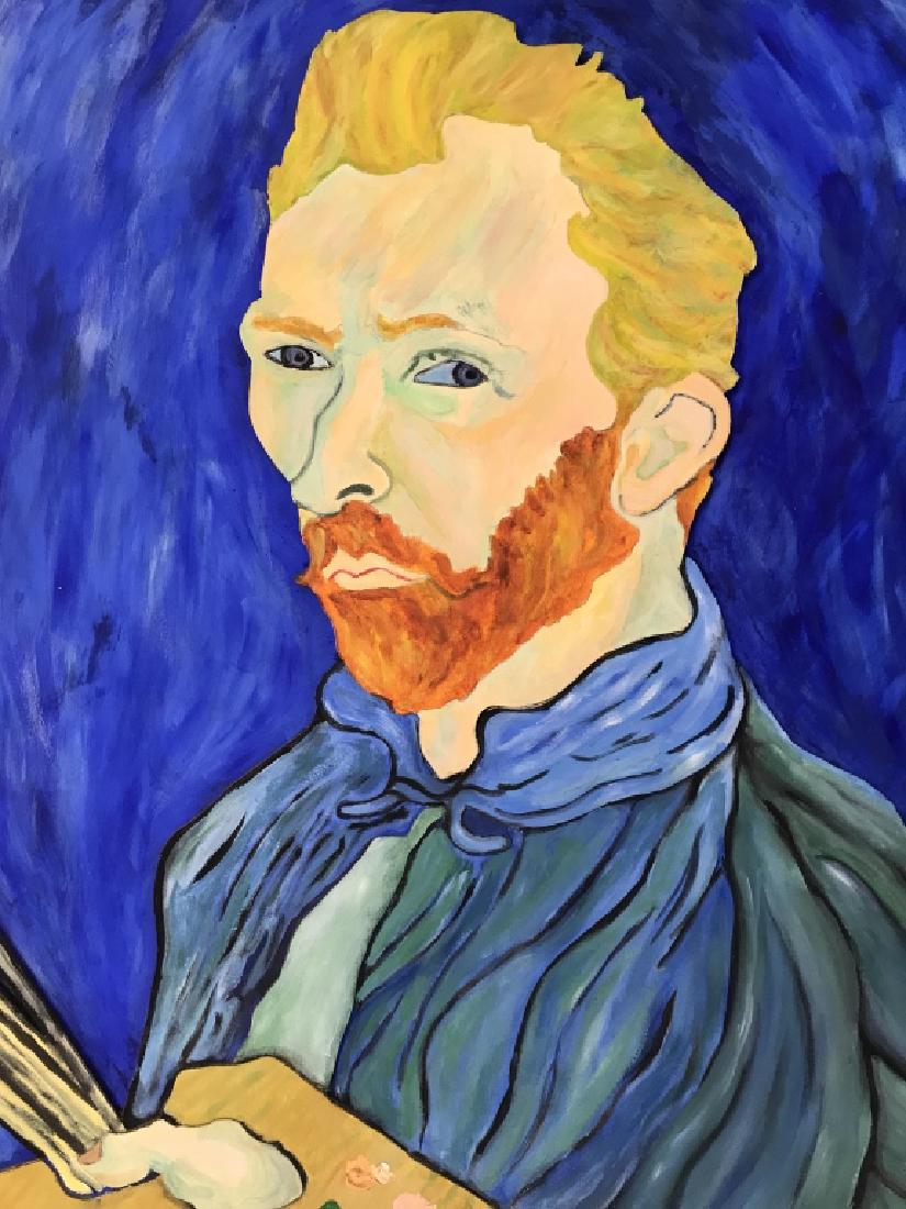 Multi Media Framed Portrait Of Vincent Van Gogh: Attributed to FRANK M HERZ. Piece depicts Artist Vincent Van Gogh. Piece is a painting on wood layered on top of wood. Piece is professionally framed with light brown toned frame. Measures approx 25 i