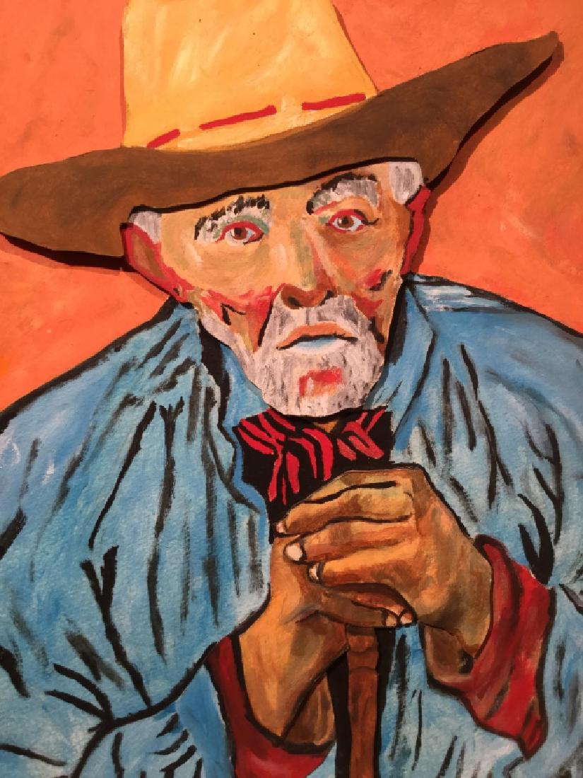 Pair Mixed Media Studies, Reinterpreting Van Gogh: Attributed to FRANK M HERZ. Mixed media studies are comprised of layers that create images in relief. Studies reinterpret Vincent Van Gogh’s ‘Portrait Of an Old Farmer.’ The larger, colorful stu