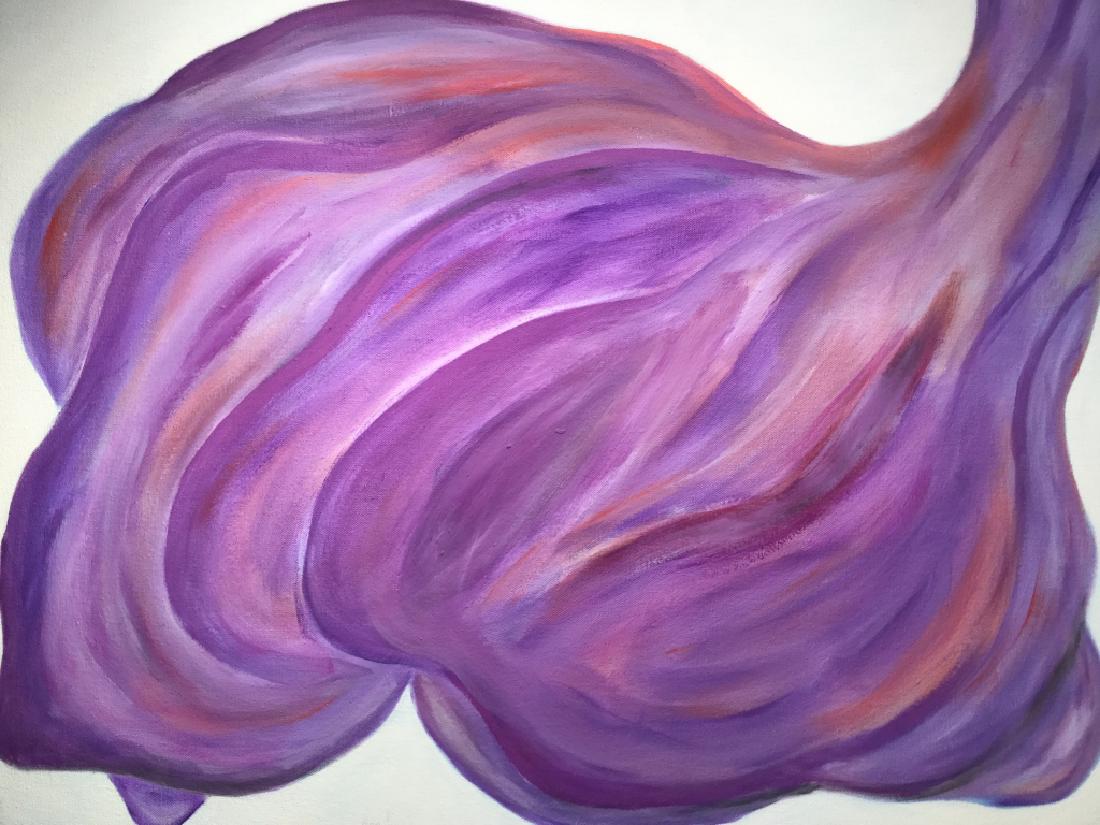 Abstract Oil Painting On Canvas: Attributed to FRANK M HERZ. Purple toned abstract shape against white background. Some minor imperfection in lower left corner. Canvas measures approx 21.2 inches in height by 30.2 inches in width. De