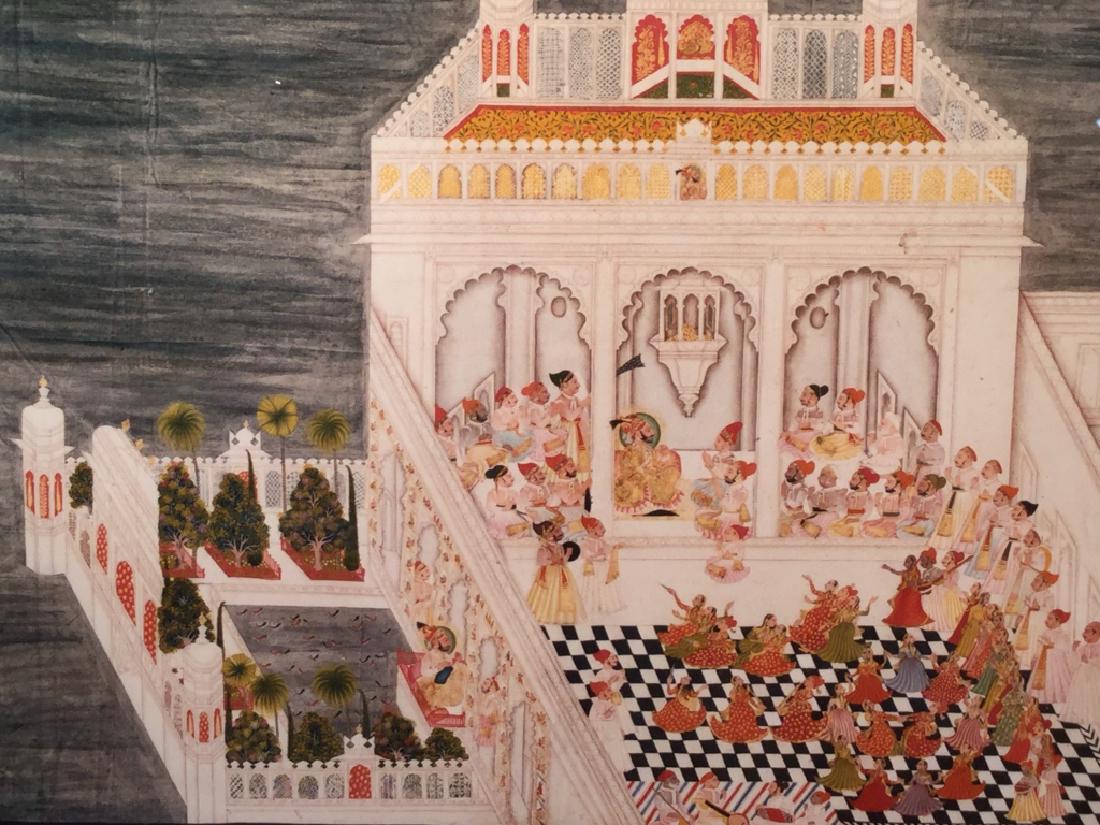 Framed Print Of Mewar School Painting: Text beneath image reads ‘Maharana Ari Singh with his courtiers at the Jagniwas Water Palace, Udaipur.’ Original image is part of the Metropolitan Museum Of Art’s Collection. Print and text are 