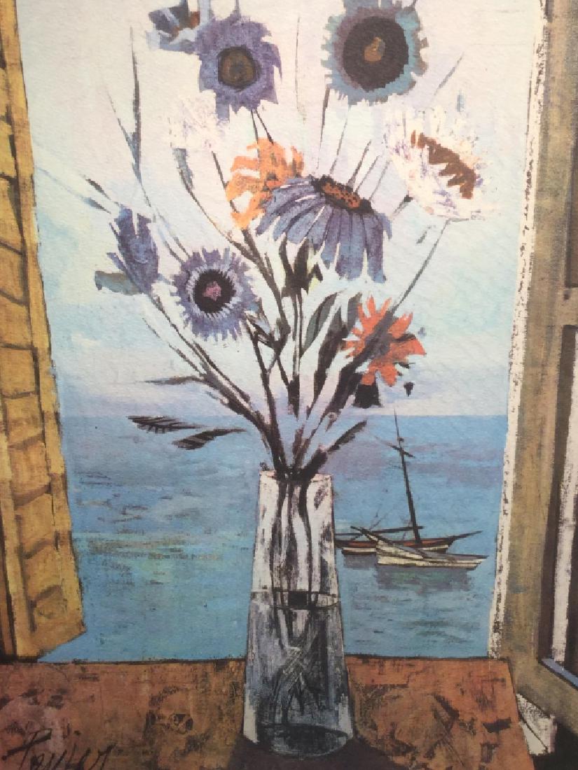 Signed & Numbered Charles LEVIER Lithograph: Lithograph depicts floral still life against seascape background. Signed in pencil in lower right corner, numbered 175 / 200 in lower left corner. Lithograph is matted and set behind glass in gold ton