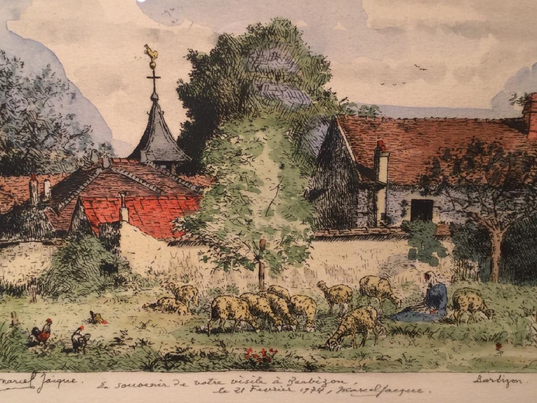 Signed & Inscribed Marcel JACQUE Colored Etching: Etching depicts the studio of Theodore Rousseau in Barbizon. Written in pencil are various inscriptions in French, including ‘a memory from our visit to Barbizon, the 21st Of February 1974, Marcel J