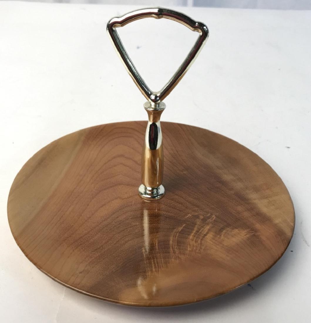 Myrtle Wood And Brass Serving Platter: Table ware, Candy Dish, decorative accessory, serving plate, label for Oregon Myrtlewood blue ribbon, Defoe Bay, Oregon, measures diameter app 7.5 inches ht Of center carry handle app 6 inches