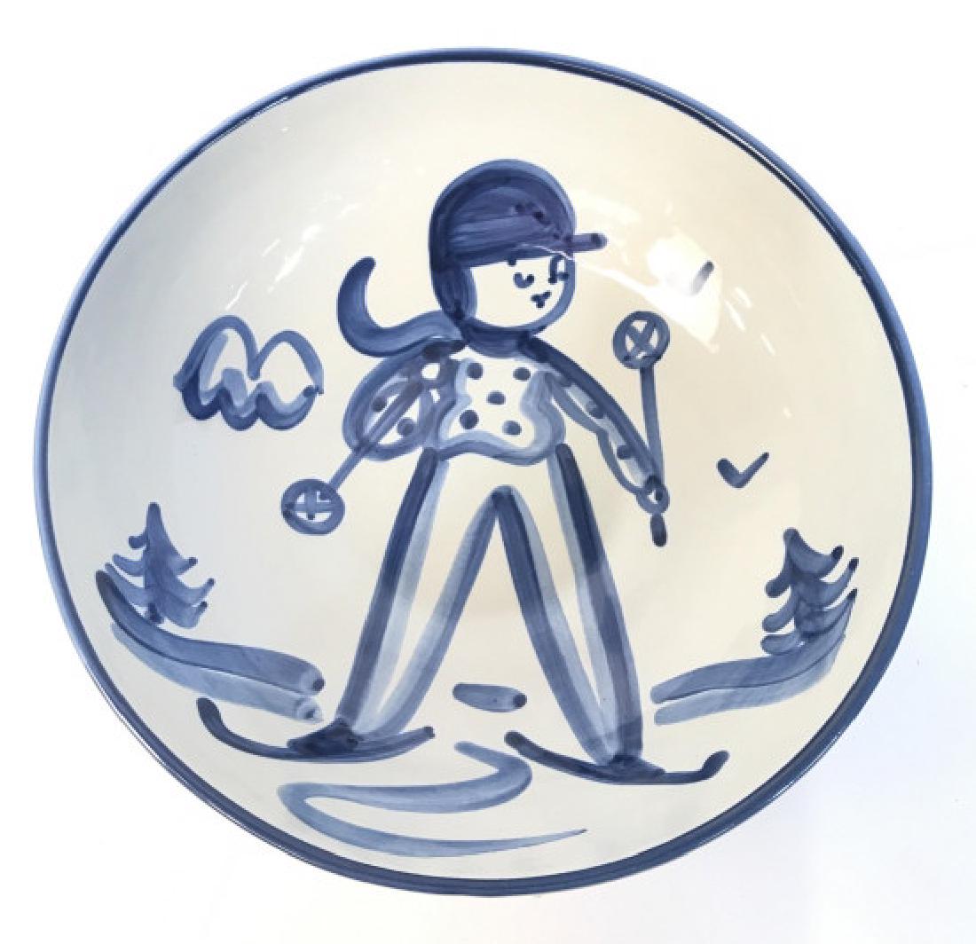 HADLEY Signed Ceramic Bowl: Decorative accessory, hand painted pottery with image of child skier, tableware, Decorative Tableware, artist signed measures ht app 3.5 inches diameter app 11 inches