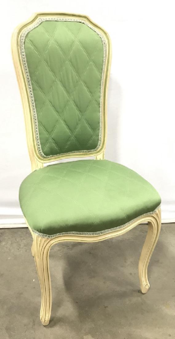 Vintage Country French Style Side Chair: Vintage Country French Style Side Chair In cream and green toned painted finish, quilted green upholstery and ribbon welting, needs minor spot cleaning and a few small chips to paintwork, measures app