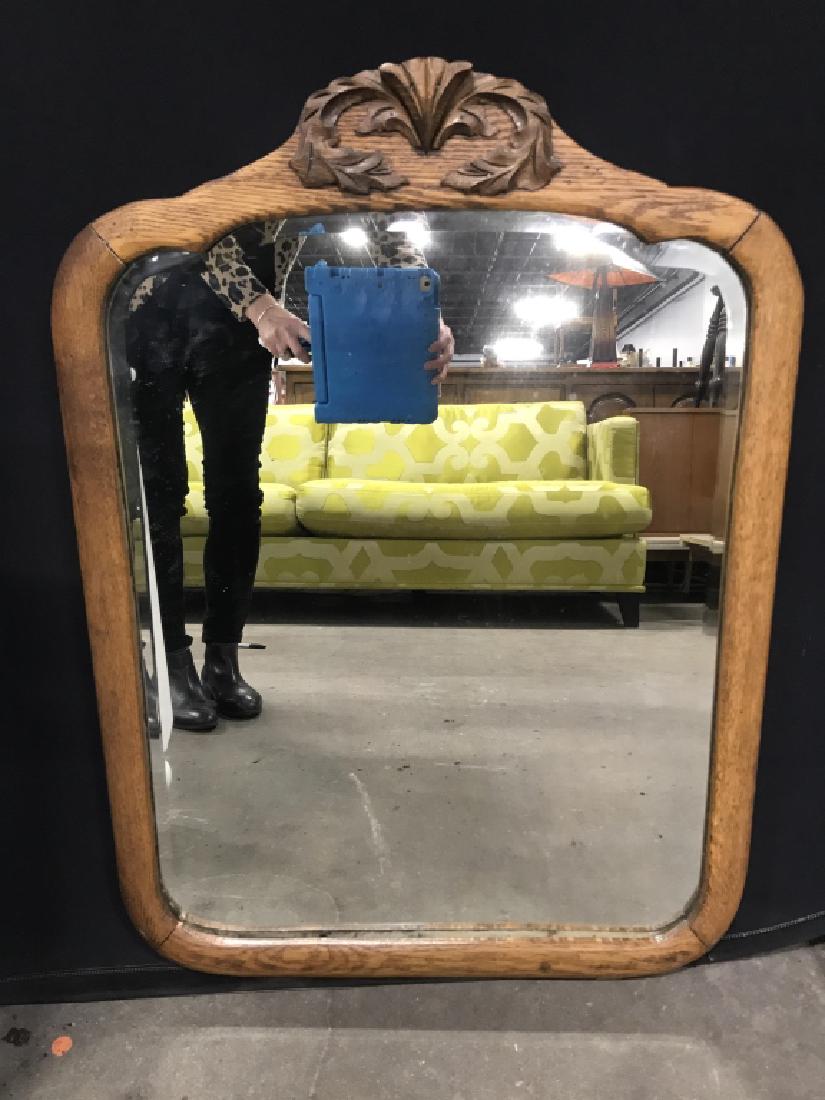 Vintage Oak Wall Mirror With Carved Leaf Motif: Vintage/Antique Oak Beveled Wall Mirror With Carved Leaf Motif, Measures approx 33.5 inches tall x 24.5 inches wide. Wall Mirror, Hallway Mirror, Country House Mirror, Vintage Oak Wall Mirror. 2