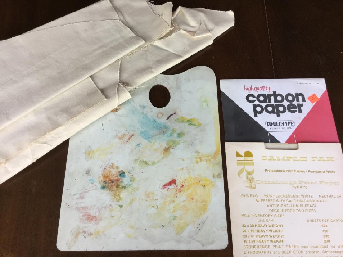 Group Lot Art Supplies, Paper Canvas Palettes: Lot includes 2 paint palette boards, sheets of thick paper, print papers, and some loose canvas scraps. Largest items, the thick paper, measure approx 29.75 inches by 21.75 inches in length and width.
