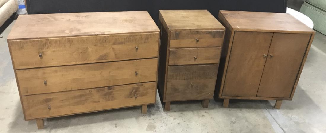 Set 3 Vintage Wooden Bedroom Furniture Chests: Set 3 Vintage Wooden Bedroom Furniture Chests, two chests of drawers with three drawers each and one storage cabinet with two doors, all three with metal drawer pulls, chips and nicks due to age and u