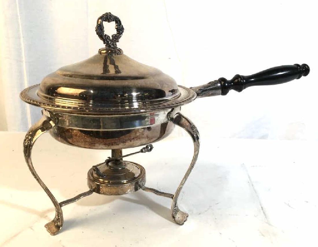 Silver Plate Wood Handled Chafing Dish: Handled Lidded chafing dish, tabletop accessory, serving dish, with Stand Measures ht 12 inches length app 19 inches, tableware
