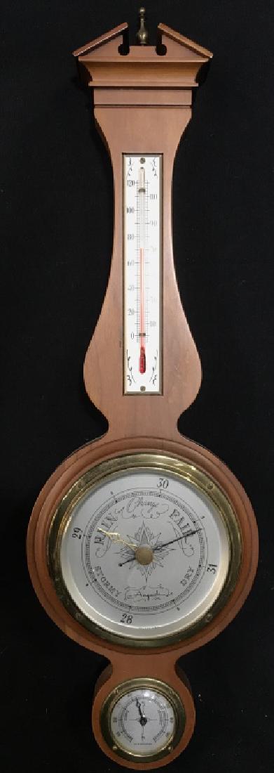 AIRGUIDE Wooden Barometer Thermometer: Piece is marked AIRGUIDE on barometer face. Piece has 3 areas including Barometer, Thermometer, & Hydrometer. Measures approx 20 inches tall 6 inches wide. Home decor, wall hanging, collectible access