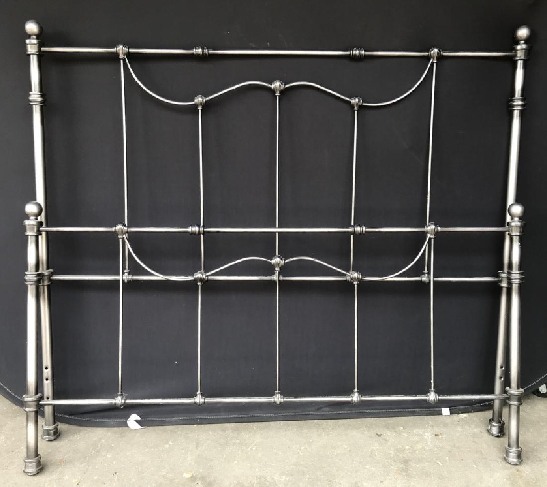 Grey Toned Metal Bed Frame: Grey Toned Metal Bed Frame with head, footboard and connecting mattress supports, headboard measures approximately 61 inches wide x 53 inches tall, some minor surface scratches. Bedroom Furniture, Bed