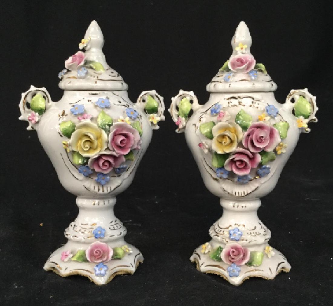 Pair Capodimonte Lidded Porcelain Urns: With gold accents on white base, raised relief of porcelain flowers, each measures ht app 7.5 inches ht, Tableware, decorative accessories, vintage porcelain