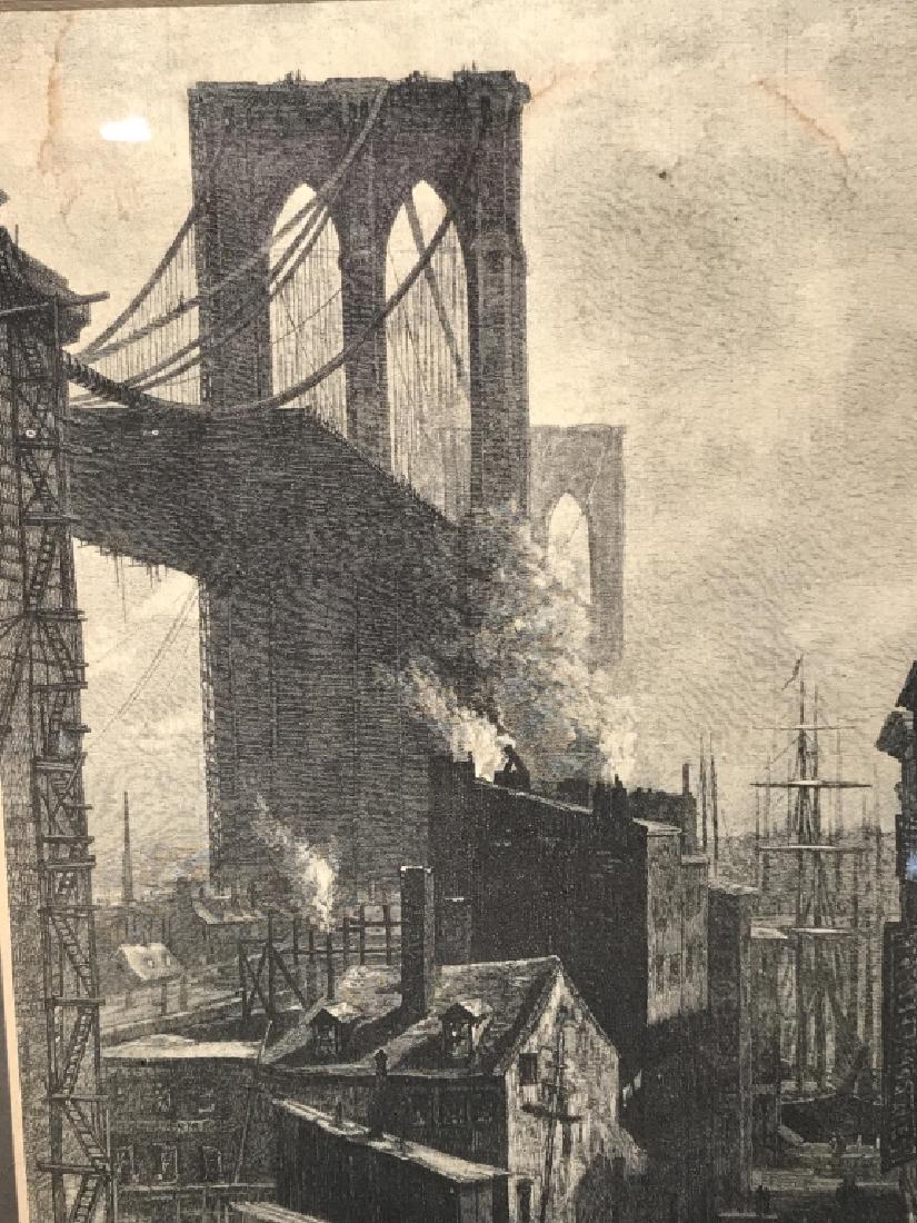 Framed Lithograph Of F. H. SMITH Engraving: Framed lithograph of a Francis Hopkinson Smith wood engraving depicting Brooklyn Bridge under construction seen from Dover Street. Lithograph is matted and and set behind glass in wood frame. Some min