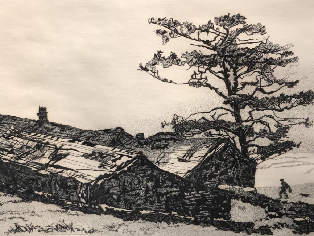 Signed Norma MORGAN Engraving, Moor Lodge: Signed Norman MORGAN engraving depicting moor lodge. Signed in pencil in lower right corner. Artwork is matted and set behind glass in wood frame. Some water damage and discoloration to matting, might