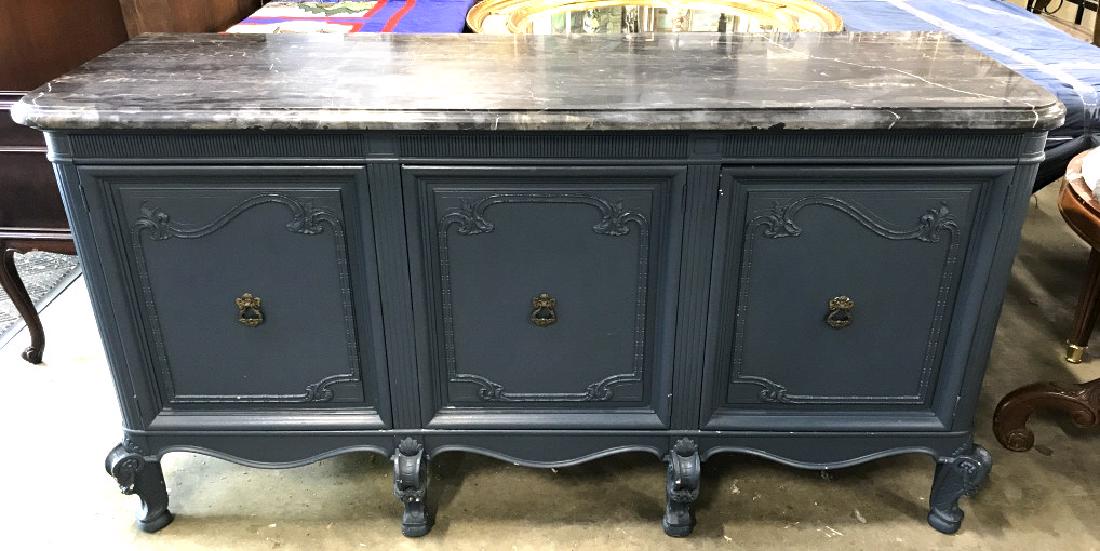Vintage Stone Topped Rococo Style Sideboard: Vintage Stone Topped Rococo Style Painted Sideboard, measures approx 72 inches long x 23.5 inches wide x 37.5 inches tall, some surface scratches and nicks. Vintage Sideboard, Credenza, Rococo Style F