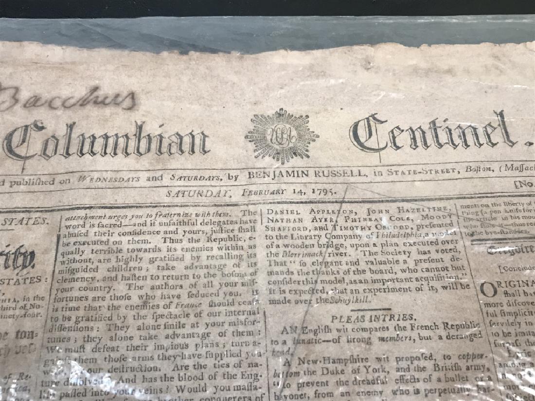Antique 1795 Newspaper Reporting on G. Washington: Antique COLUMBIAN CENTINEL newspaper, dated Saturday, February 14, 1795, printed and published by Benjamin RUSSEL (No. 46, of Vol. XXII) reporting on GEORGE WASHINGTON. Newspaper is folded in plastic 
