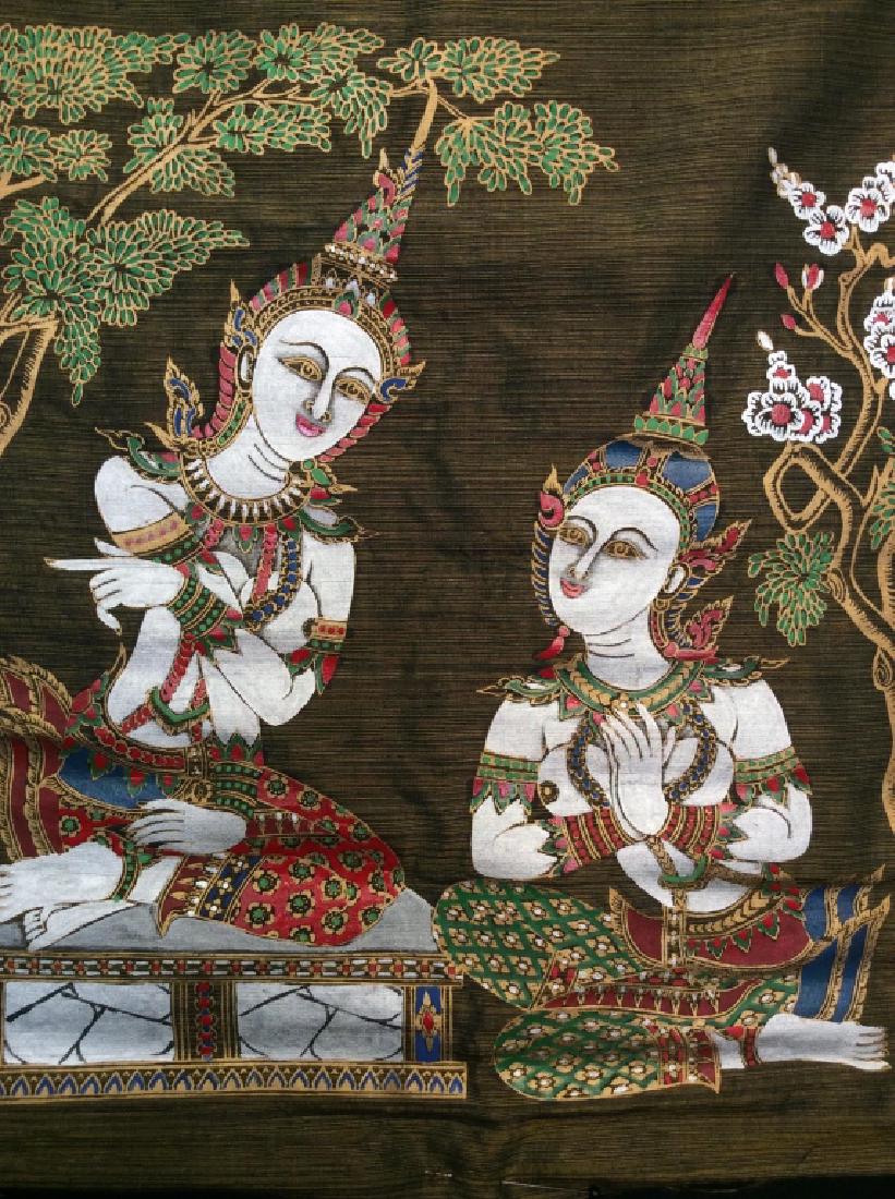 Thai Art Hand Painted Fabric Panel, Unframed: Thai Art Hand Painted Fabric Panel, Unframed, Thai Art Silk Painting Handmade Ramayana multi color Asian Home Decor. Painting of two pale figures, kneeling with ornate headdresses and jewelry, in mini