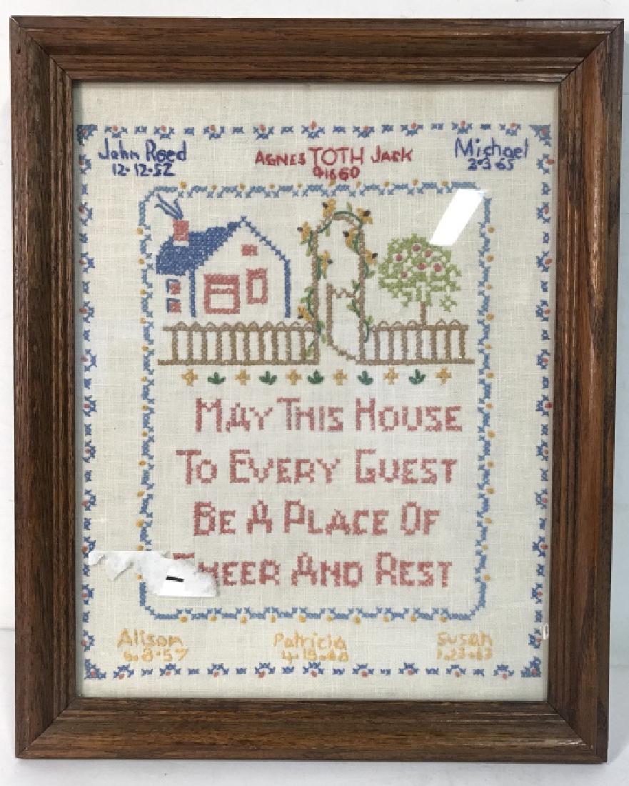 Mid 20th Century Child’s Alphabet Sampler: Framed embroidery, needle craft, collectible Americana, wall art, measures 16 by 13 inches
