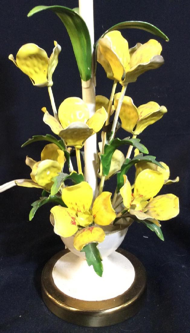 Floral Detailed Metal Lamp: Lamp contains metal sculptural like, floral detail with tones of yellow, green, & red. Measures approx 12.5 inches tall 5 inches wide. Table lamp, home accessory home decor, home lighting 6